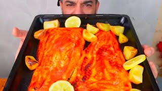 سمك السلمون المشوي اللذيذ مع البطاطا Roasted Salmon & Potatos Eating Show