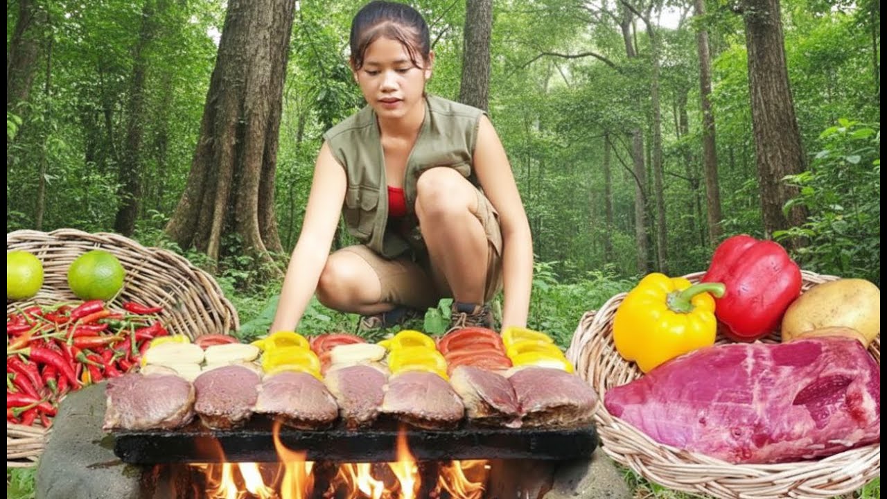 Cow Meat Grilling on Rock & Eating for Lunch | Spicy Forest Campfire Cooking 🐄🌶️🔥