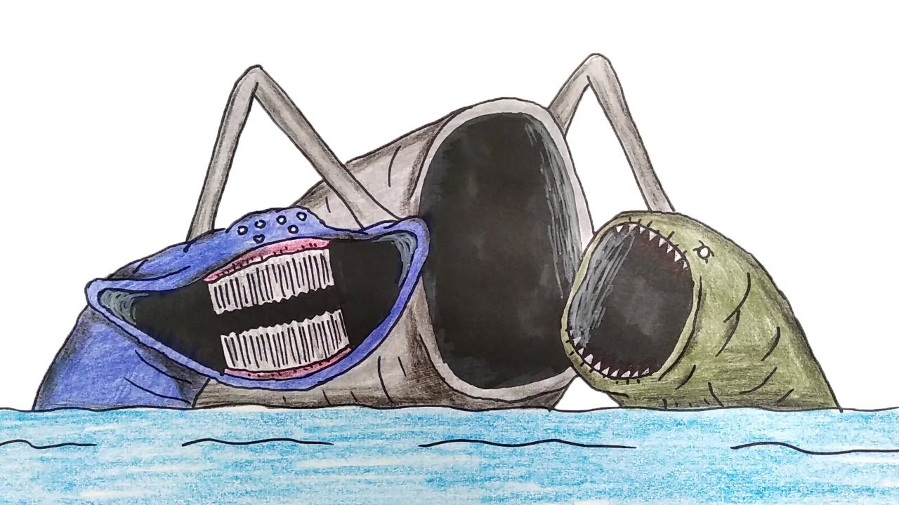 Как нарисовать три морских монстра, Морской Пожиратель, Блуп и Эль Гран Майя