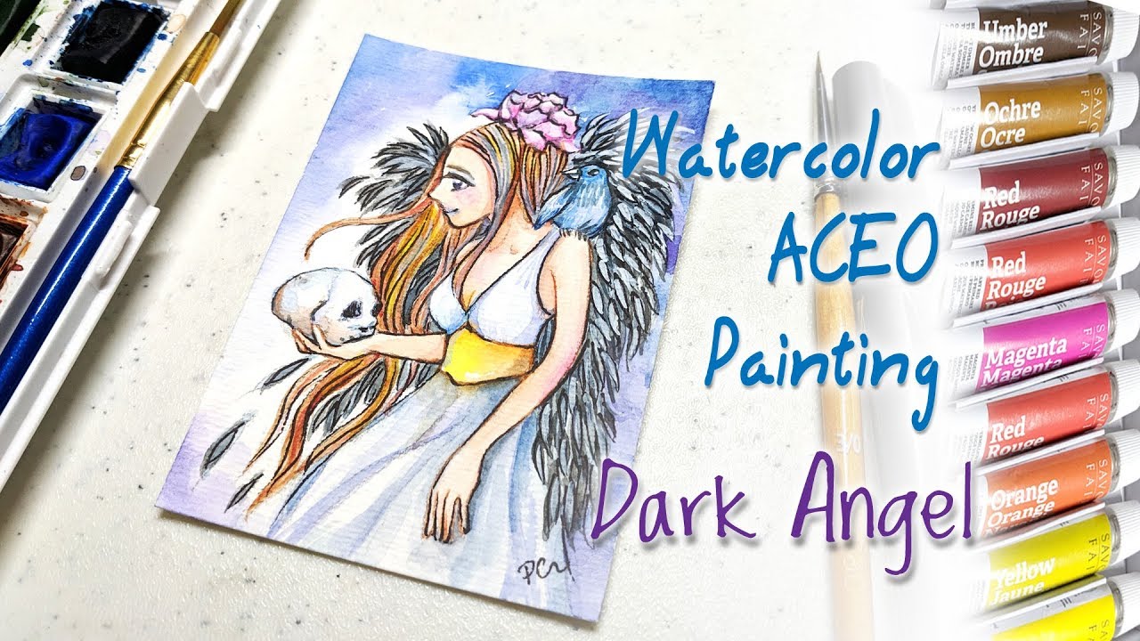 Dark Angel Watercolor ACEO Painting Demo