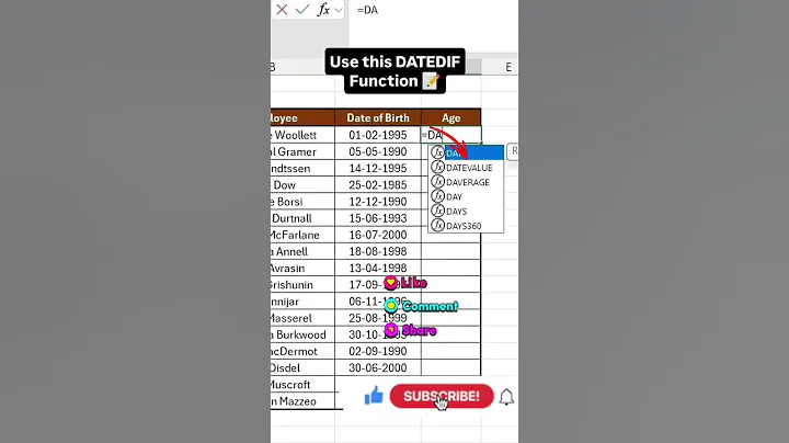 📶Calculate Age in Excel✅ DATEDIF Function !Save Time ⏰#excel #education #excelshorts #excelearning