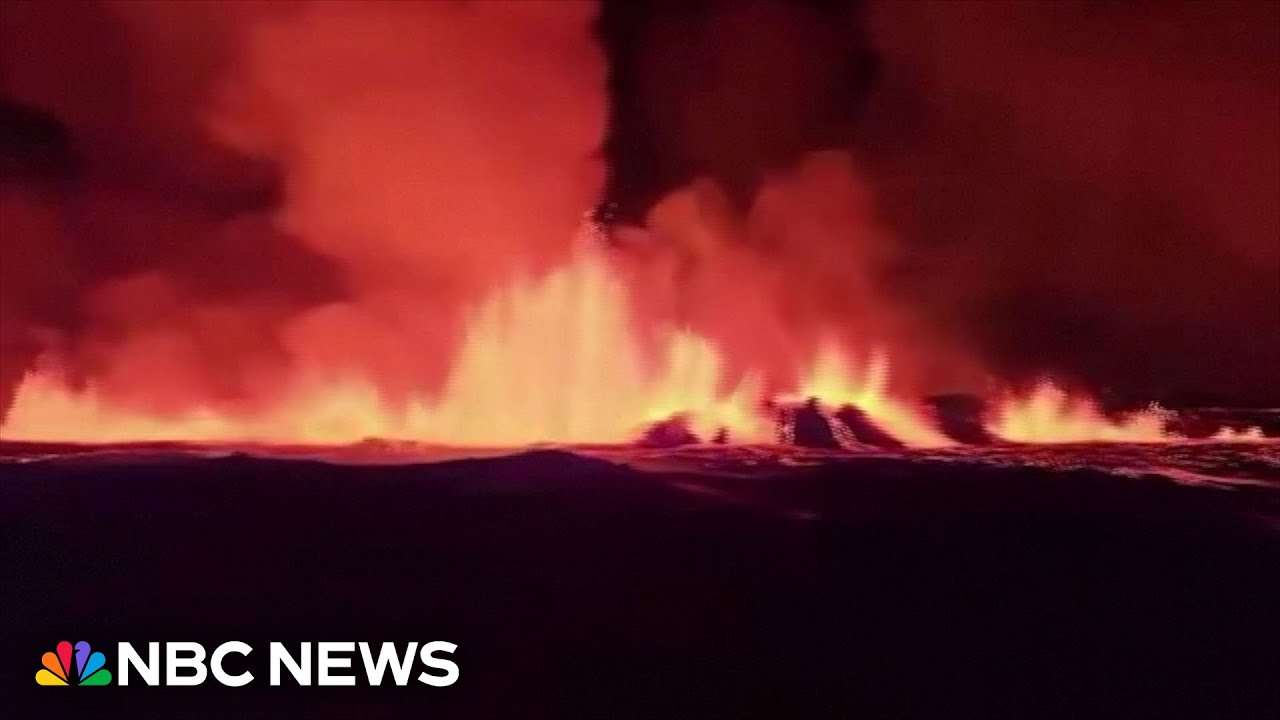 Aerial footage shows Iceland volcano spewing lava