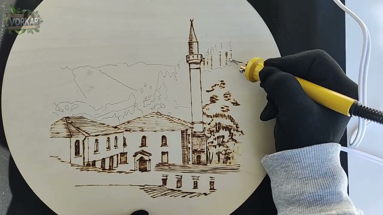 Pyrography Art – Mosque in Elhovets Village  Wood Burning Drawing