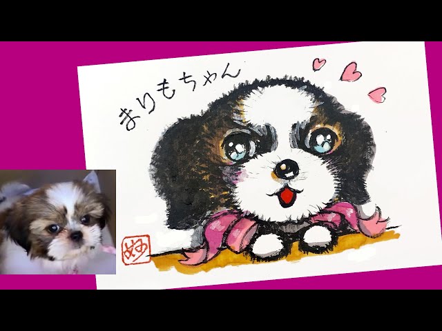 かわいい和風イラスト｜簡単「シーズー犬」の似顔絵の絵手紙の描き方