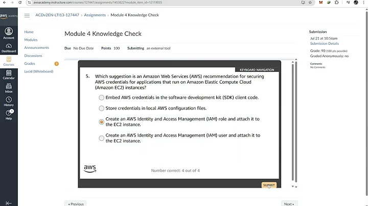 Module 4 Knowledge Check | Securing Access to Cloud Resources | AWS Academy Cloud Developing[127447]