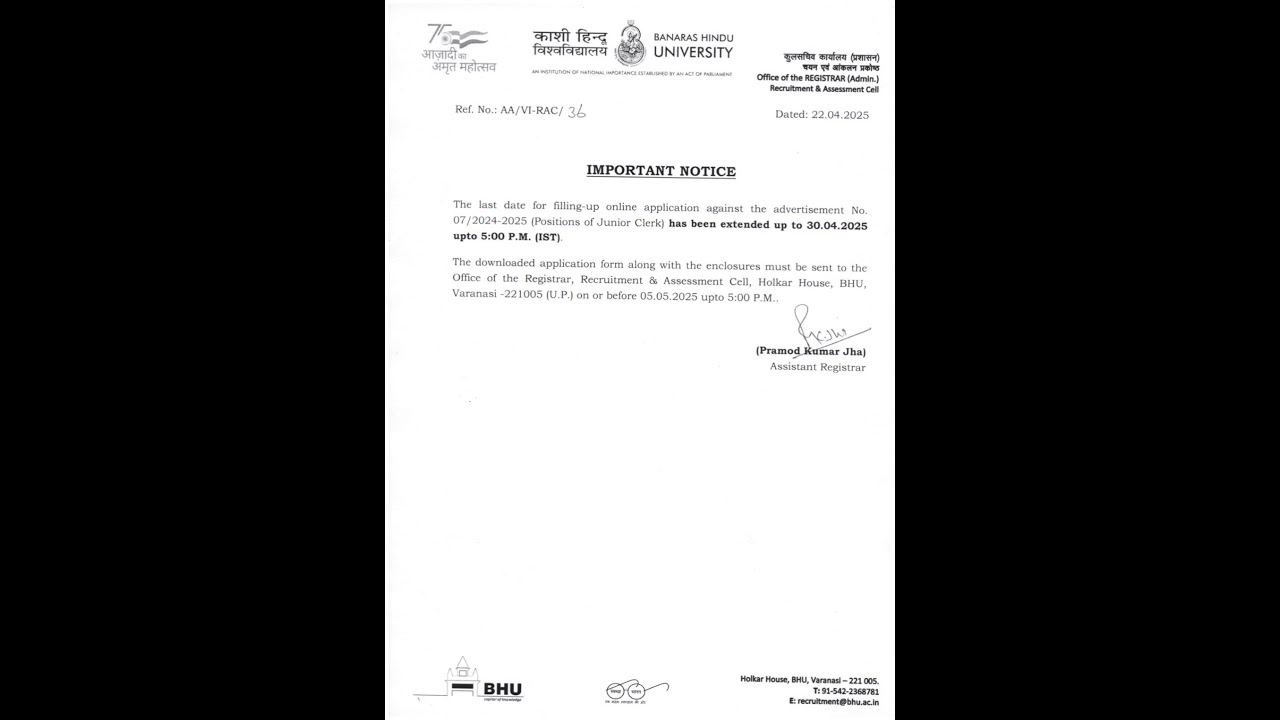 Banaras Hindu University BHU Junior Clerk Recruitment 2025 Apply Online for 191 Post