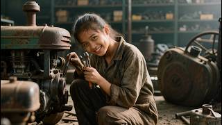 The girl successfully repaired the broken car and got the engine started.