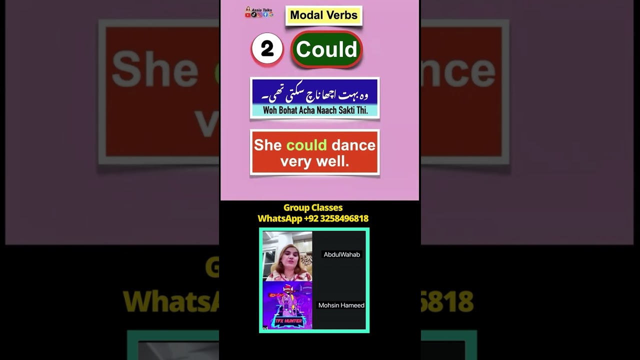 Modal Verb Daily use sentences | Could. | She could dance very well.