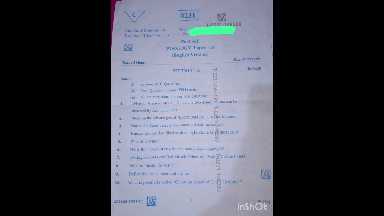 inter 2nd year zoology supplementary question paper 2025,TS