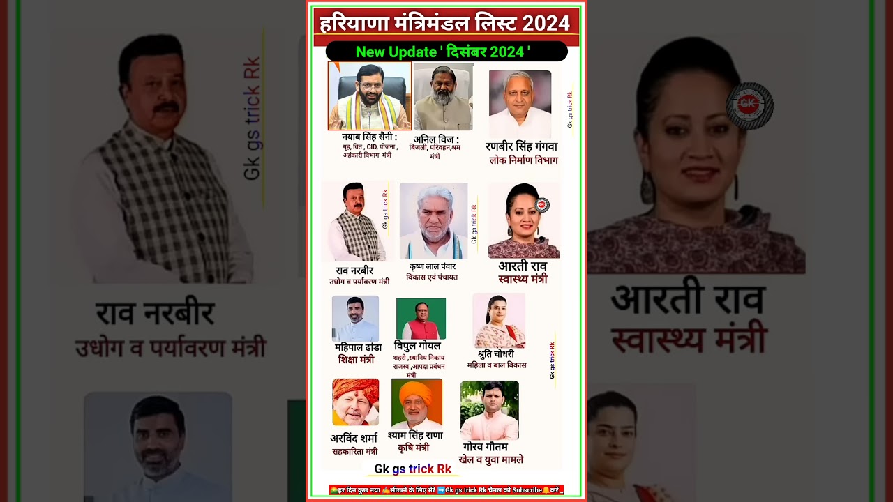 हरियाणा मंत्रिमंडल लिस्ट 2024 || Haryana Cabinet Ministers List 