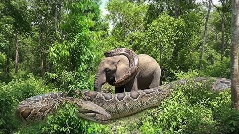Giant python is wrapping itself around an elephant in African . Video Ai
