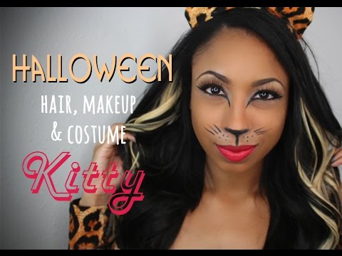 Kitty Kat Halloween Tutorial: Makeup, Hair & Costume - YouTube