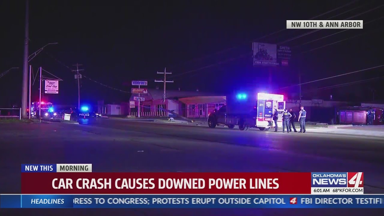 Car crash causes downed power lines in NW Oklahoma City - YouTube