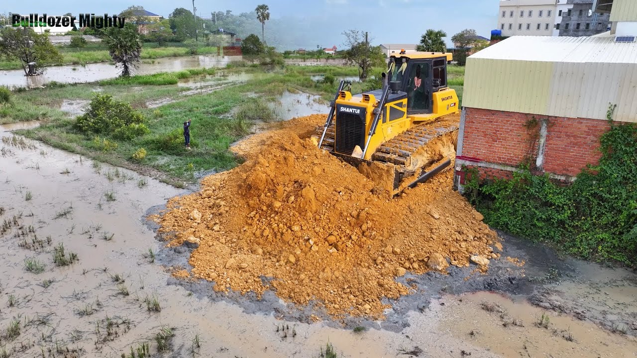 Wonderful Filling up land huge, By Bulldozer SHANTUI DH17C2, Dump truck unloading