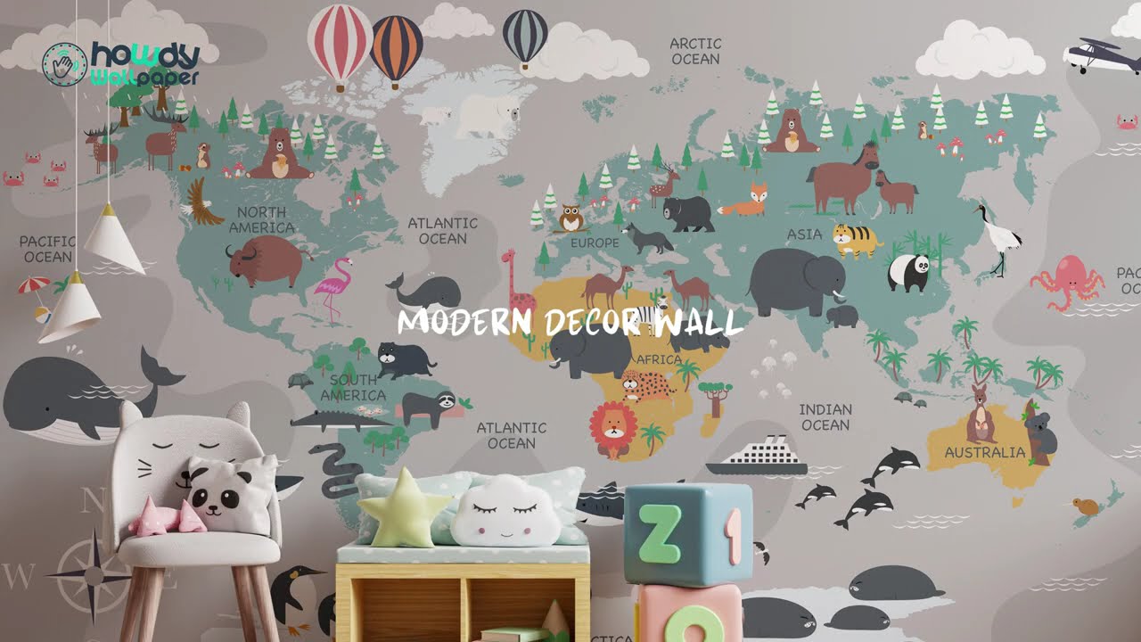 Whimsical Animals World Map Peel and Stick Design Wallpaper for Modern and Trendy Kids Room Wall
