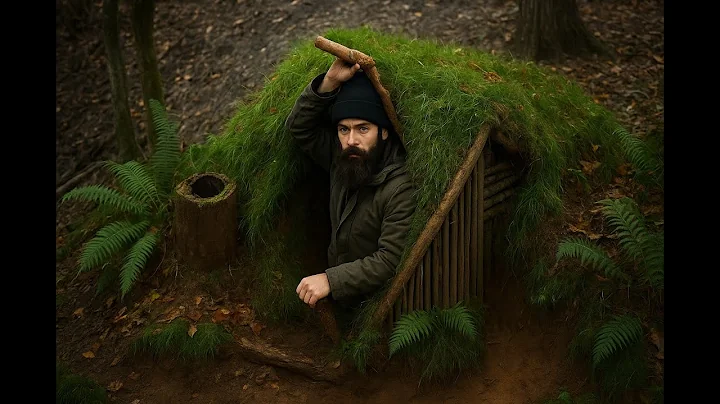 Building complete and warm survival shelter - Bushcraft earth hut, grass roof & fireplace with clay.