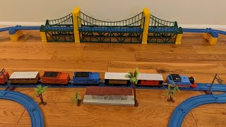 Thomas Train Toy Going Through Big Cable Suspension Bridge Track