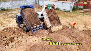 Best Working Dump Truck & Bulldozer Full Processing Filling Up Land Huge For Best Skill Pouring Soil