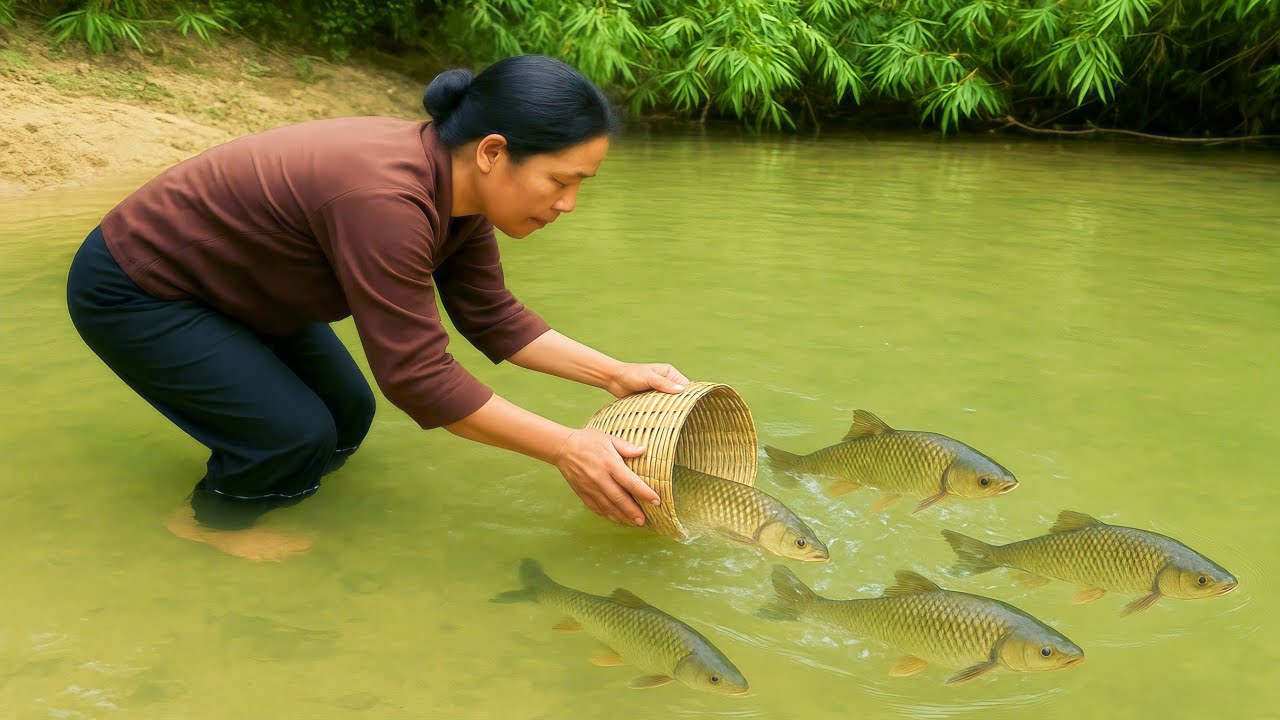 Genius Fish Catching Trick! Girl Blocks Stream & Catches Huge Fish