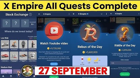 27-28 September All Quests Code X Empire | Riddle Of The Day | Rebus Of The Day | YouTube Video Code