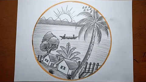 Beautiful circle scenery drawing/Nature drawing pencil sketch in circle/ village drawing in a circle