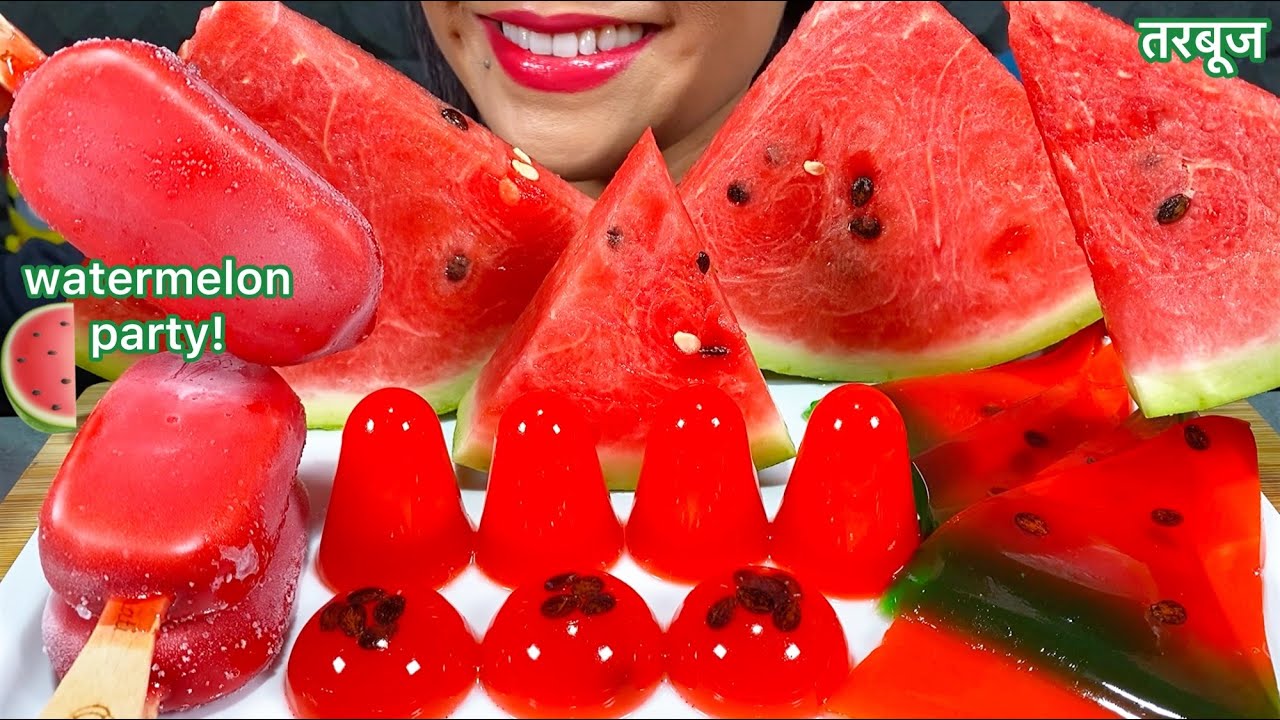 ASMR WATERMELON PARTY! FRUIT, ICE CREAM, JELLY तरबूज SEMANGKA MUKBANG MASSIVE Eating Sounds