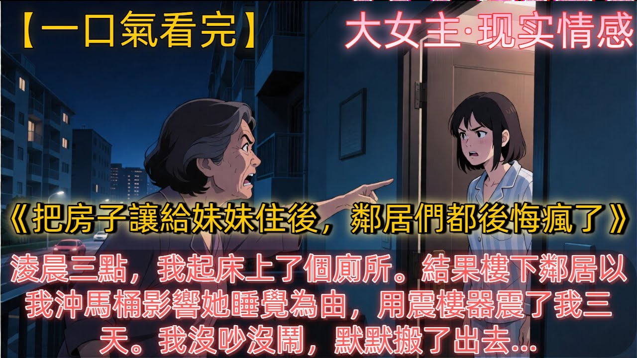 《把房子讓給妹妹住後，鄰居們都後悔瘋了》淩晨三點，我起床上了個廁所。結果樓下鄰居以我沖馬桶影響她睡覺為由，用震樓器震了我三天。我沒吵沒鬧，默默搬了出去，將房子讓給我正在衝刺高考的妹妹住。