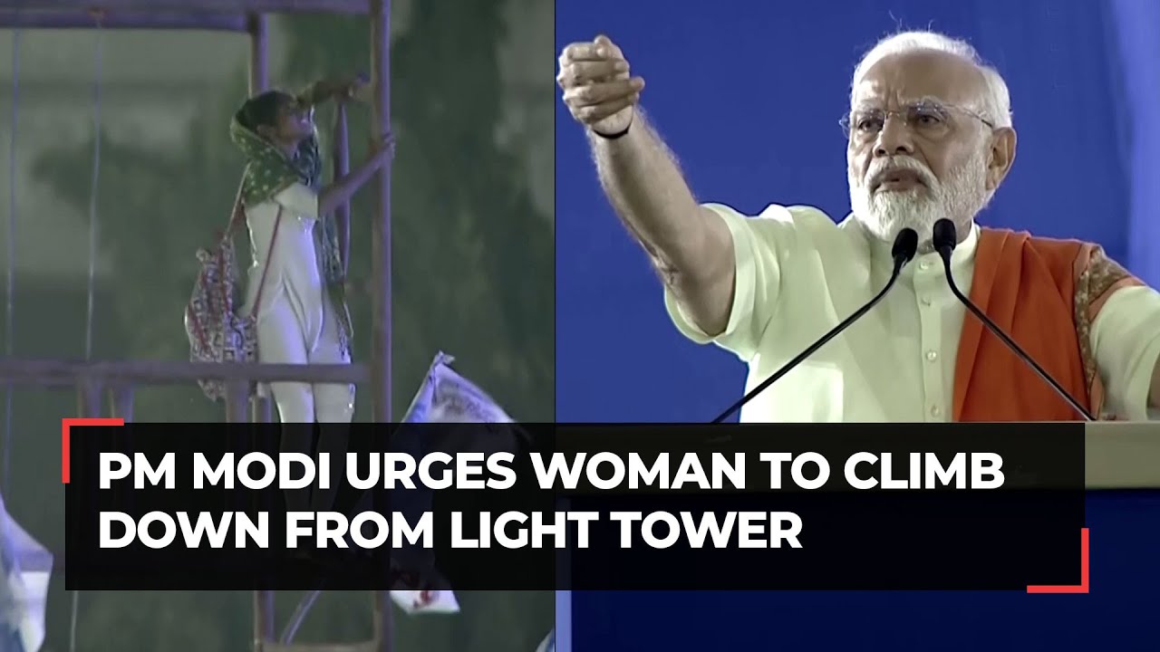 Viral video PM Modi urges woman to climb down from electric tower during his rally in Hyderabad