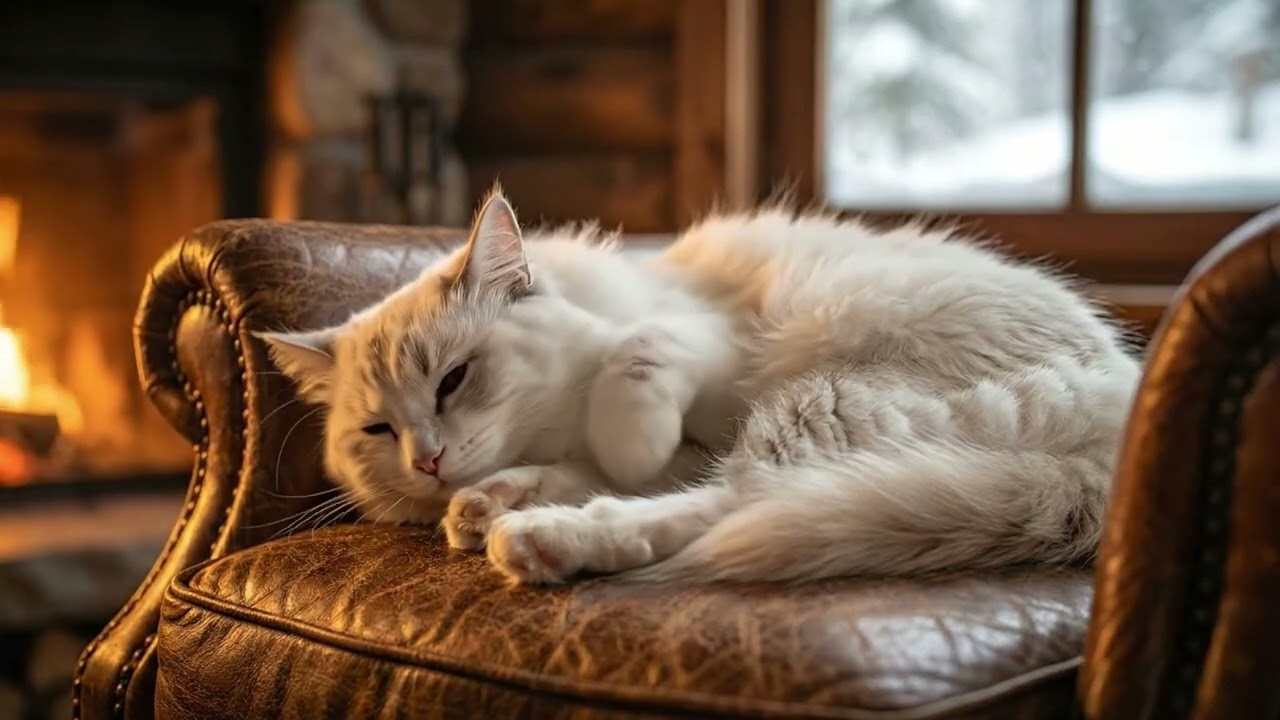 Cozy Winter Cabin Ambience ❄️ Crackling Fireplace & Cat Purring ASMR