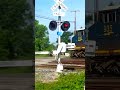 Two big, fast freight trains meet at railroad crossing.