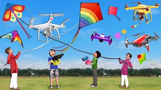 Highest Fly Villagemade Biggest Kite Patang VS Desi Jugad Drone Challenge Hindi Kahani Moral Stories