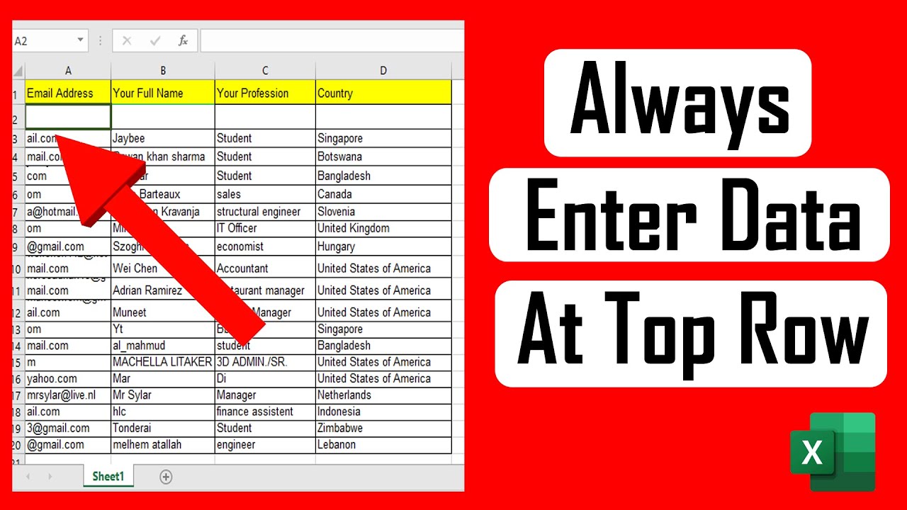 How to Always Enter Data at The Top Row in Excel