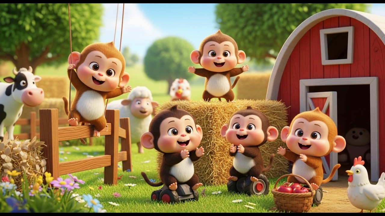 Five Little Monkeys on Macdonald Farm 🐒 | Funny Animal Song for Kids