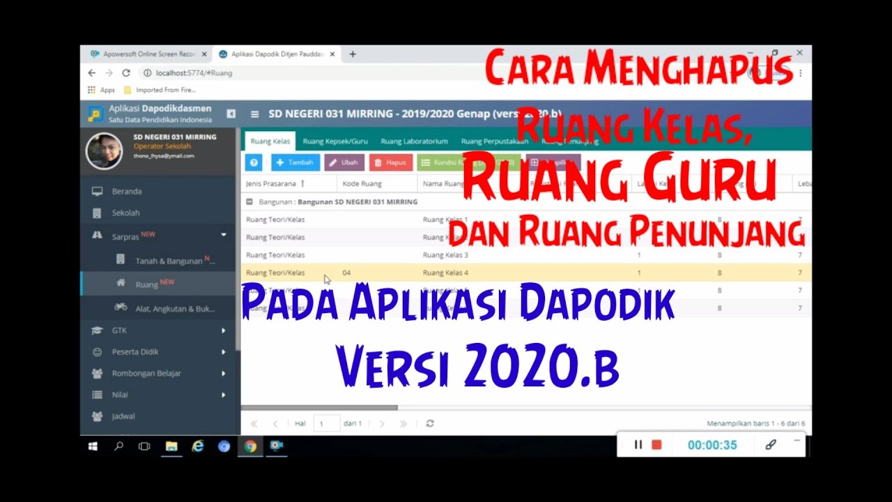 CARA MENGHAPUS RUANG  GURU KELAS  DAN RUANG  PENUNJANG PADA 