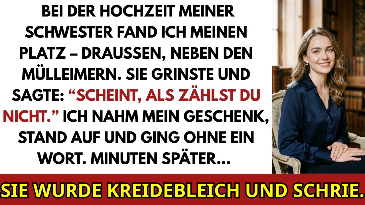 „Du zählst wohl nicht." Meine Schwester Lea flüsterte diese Worte mit einem Lächeln, als sie mich an meinem Platz bei den Mülleimern sah – während drinnen hundert Gäste auf ihren ersten Tanz...
