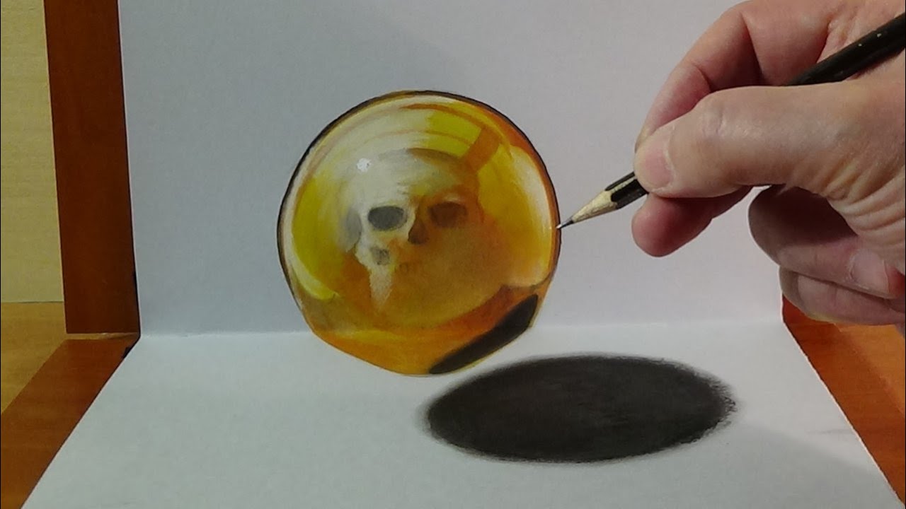 ⁣Drawing a Levitating Gold Sphere with Skull, Magic Realism