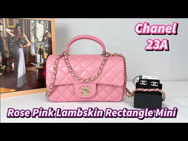 Chanel 23A Rose Pink Lambskin Rectangle Mini with Handle. 