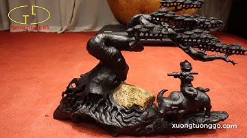 Tượng Gỗ: Tiểu đồng cưỡi trâu cây tùng gỗ mun sừng Khánh Hòa | Siêu phẩm tuyệt đẹp | xưởng_tượng_gỗ