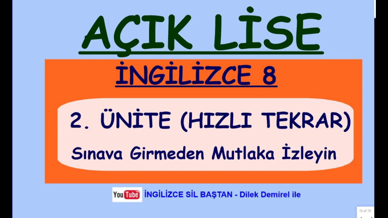 Açık Lise İNGİLİZCE 8 (2. Ünite)