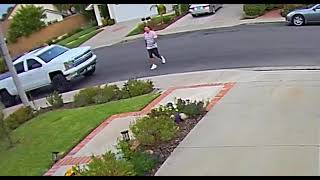 Guy kicks ball towards sidewalk and accidentally hits little boy on shoulder (Security camera)