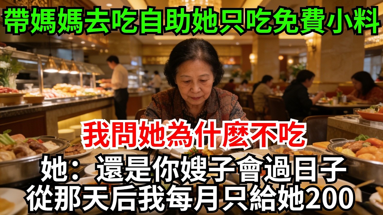 帶媽媽去吃豪華自助，她只吃免費的小料，我問她為什麽不吃，她：還是你嫂子會過日子！從那天後我每月只給她200，她哭著問我，我：跟嫂子學的!#完結故事#情感故事#爽文#婆媳關系#家庭生活#故事頻道