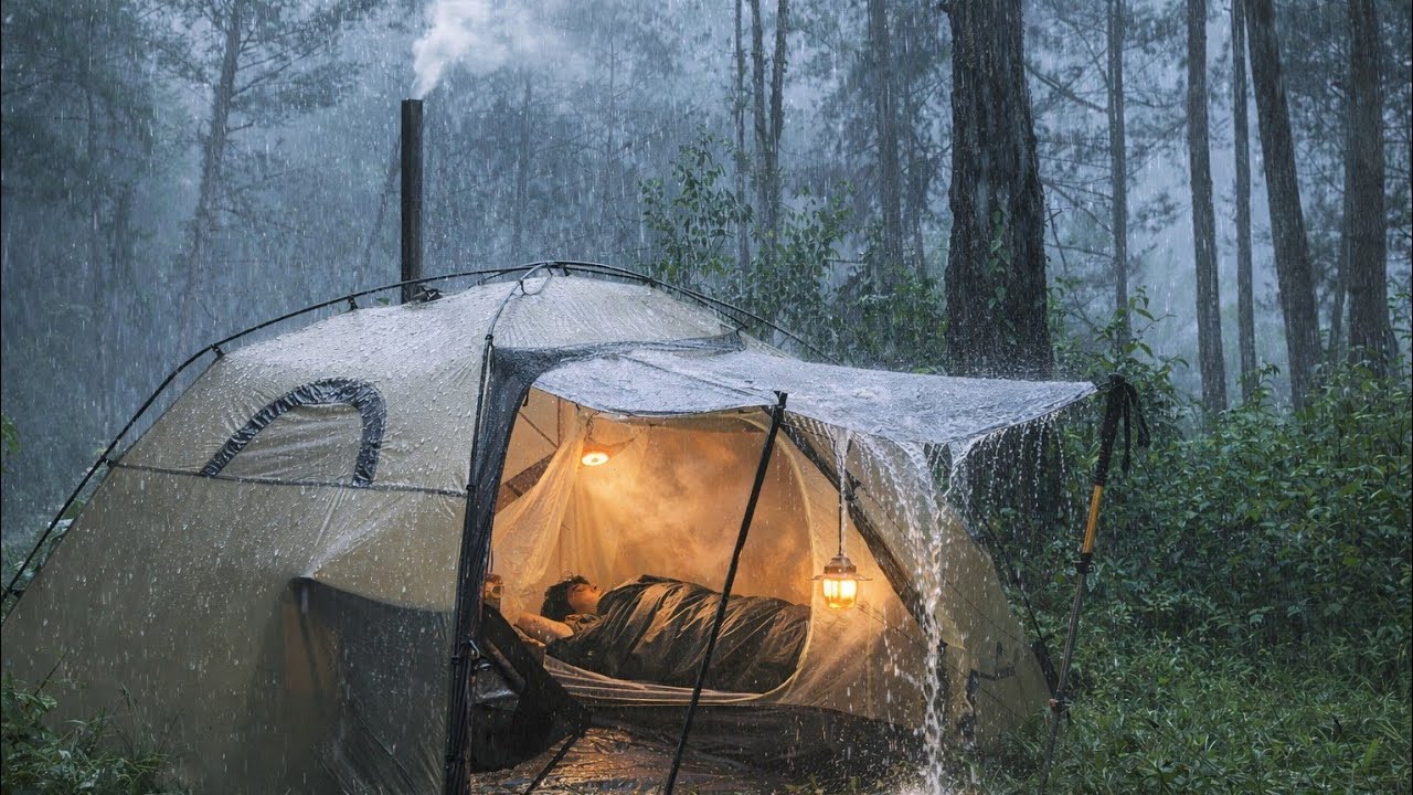 HIT BY VERY HEAVY RAIN AND LIGHTNING AT MY CAMP⛈️ SLEEPING GOOD IN A WARM TENT‼️