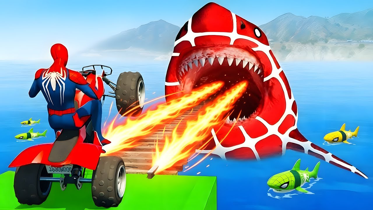 SPIDER-MAN against SHARK Ride on Motorcycle STUNT FUNNY MOMENTS | Rockstar GTA 5 Monster Pro