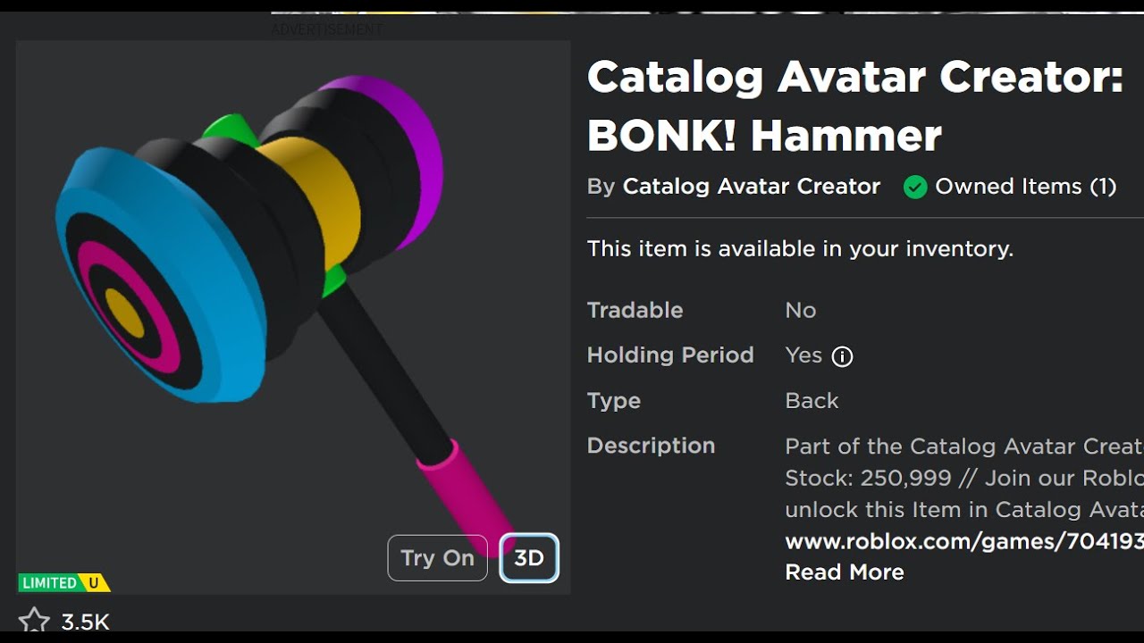 Catalog Avatar Creator: BONK Hammer! - Roblox