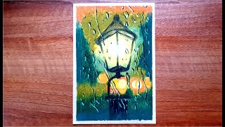 Draw street light under rainy night with oil pastels