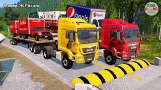 Double Flatbed Trailer Truck vs speed bumps|Busses vs speed bumps|Beamng Drive|237