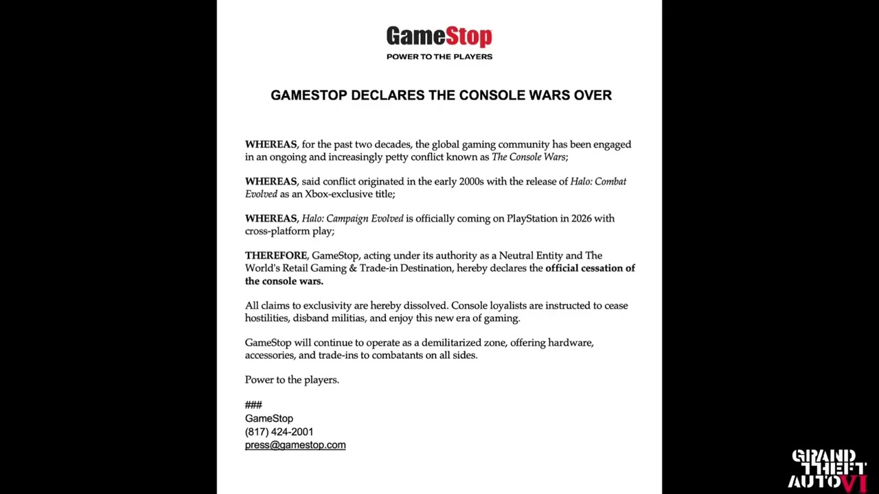 GTA: VI® | GameStop | Official Statement | Cessation of Console Wars | ‘Make Joy, Not Hate’ 