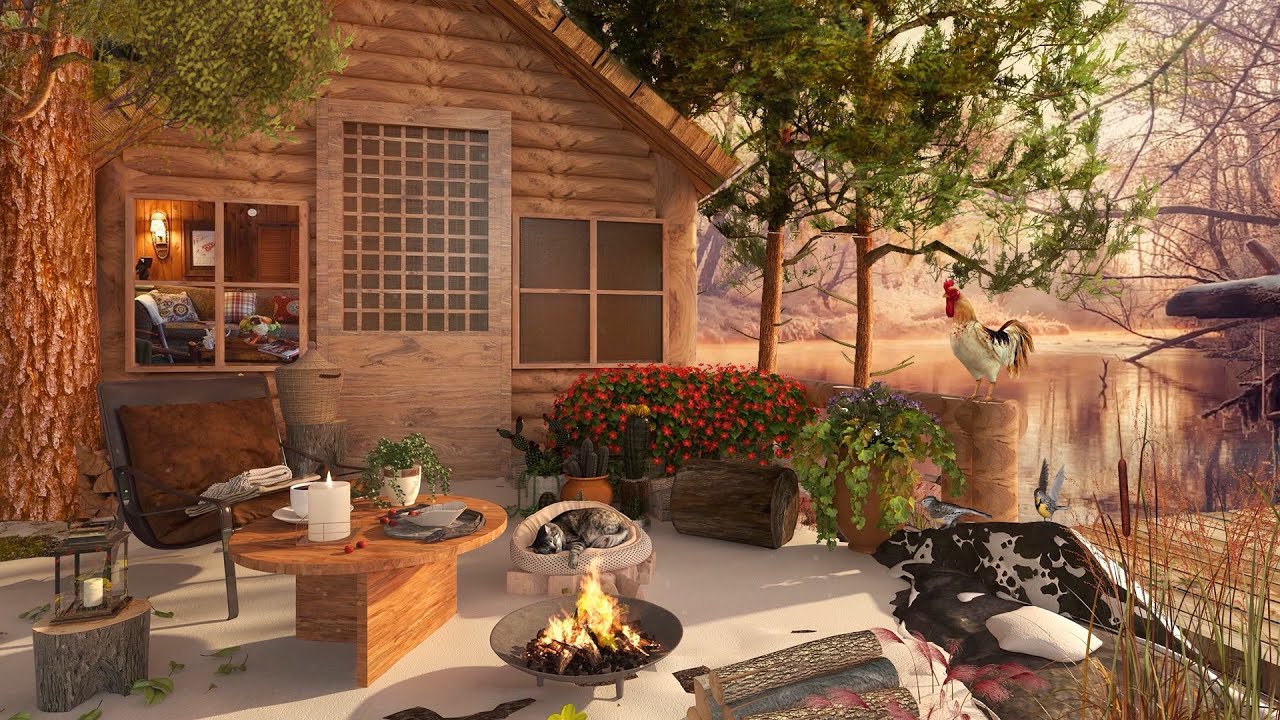 Winter Terrace Cottage by Lakeshore Ambience with Morning Snow falling ...