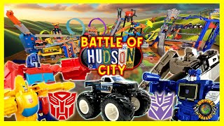 Transformers Toys Hot Wheels Cars and Monster Truck Battle Anime Hudson City Optimus Prime Bumblebee