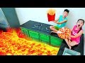 The floor is lava for Kay play cooking food toys